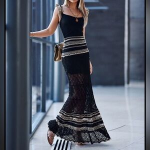 Black and tan open crochet knit, ruffle sleeve maxi dress cover-up size small